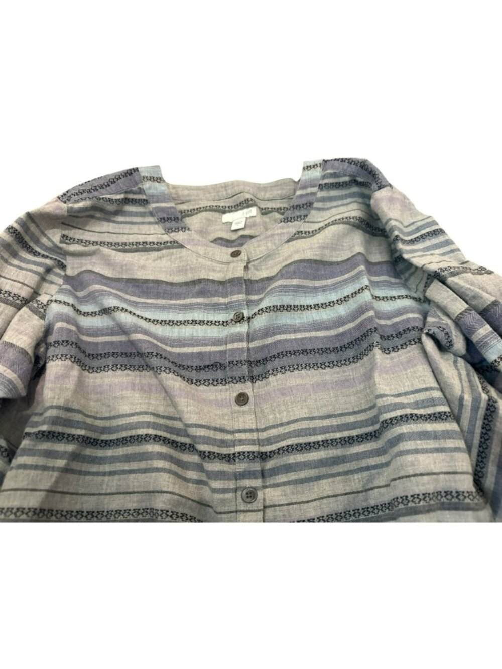 J. Jill Womens Top L Blue Gray Striped Button Long Sleeve 100% Cotton Aztec Boho - Picture 4 of 7